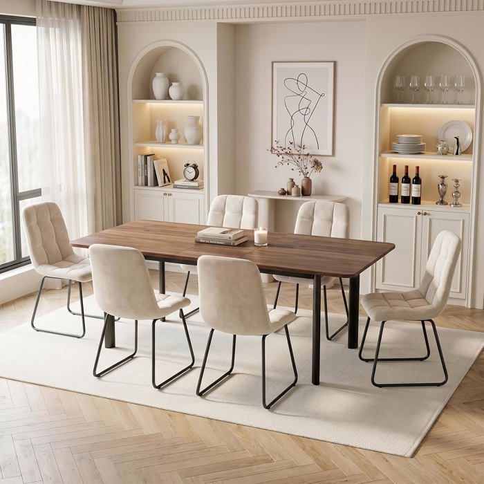 JIEXI Table de salle à manger extensible finition noyer 6 chaises rembourrées flanelle beige pour repas familial et salon