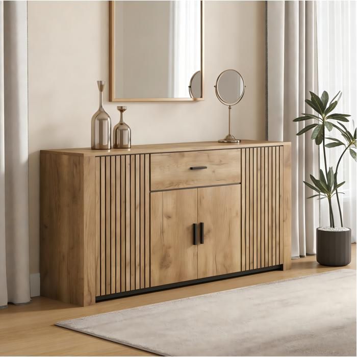 Buffet Bas Décor Chêne 4 Portes Bahut Scandinave FloraGrace Pour Salon Et Salle À Manger Avec Étagères Réglables 160x40x75cm