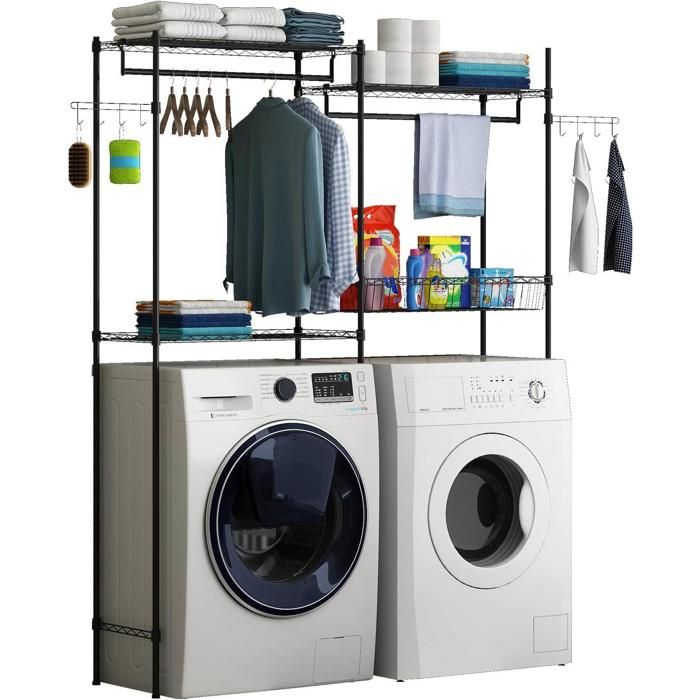 Étagère-séchoir robuste au-dessus du lave-linge/sèche-linge L 1458 cm 2 niveaux grillagés réglables panier tringle et crochets