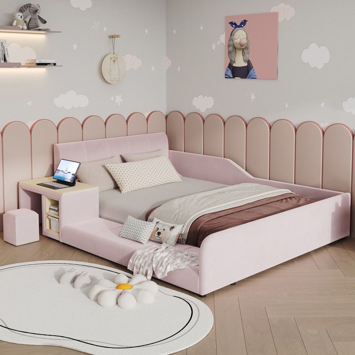 Lit combiné enfant – Velours rose – Bureau intégré tabouret et étagère – 140 x 200 cm