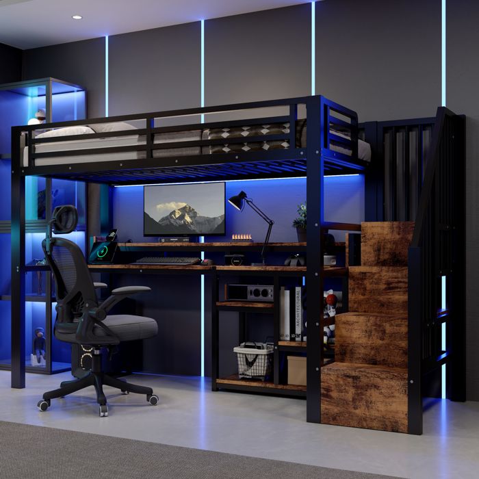 Lit Mezzanine Enfant 90x200 cm avec Échelle de Rangement et Étagère LED via App USB et USB-C Garde-Corps Cadre en Métal - Noir
