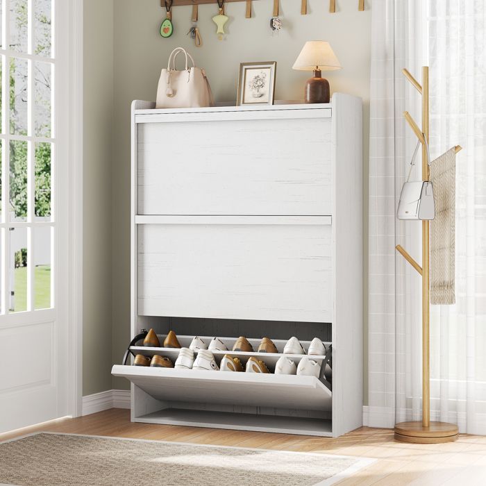 Meuble à chaussures – 3 abattants – Étagères réglables – Design moderne – Rangement chaussures – Finition blanc antique