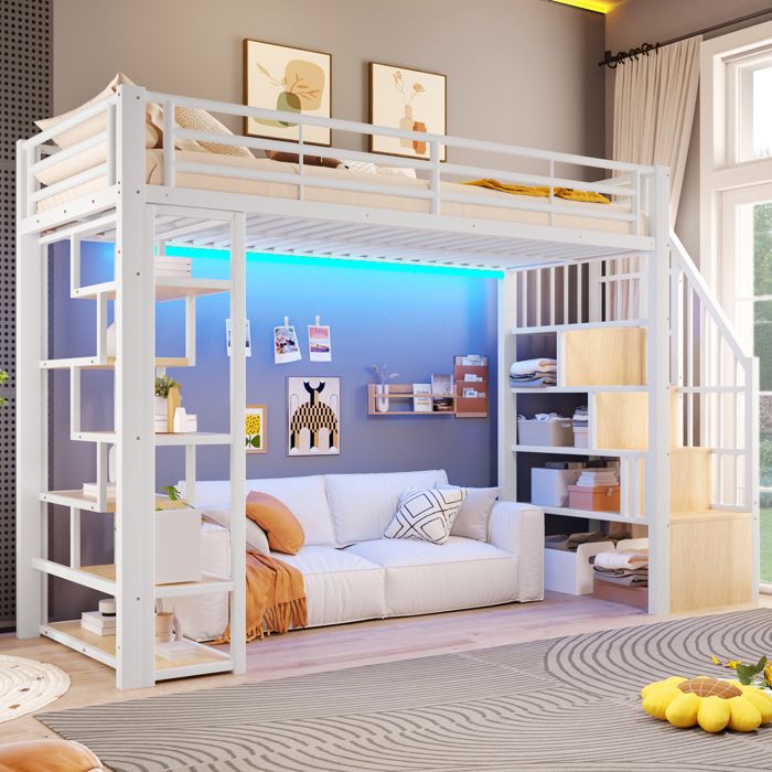 Lit mezzanine enfant 90x200 cm avec échelle et rangements garde-corps LED multicolore via application métal et MDF blanc