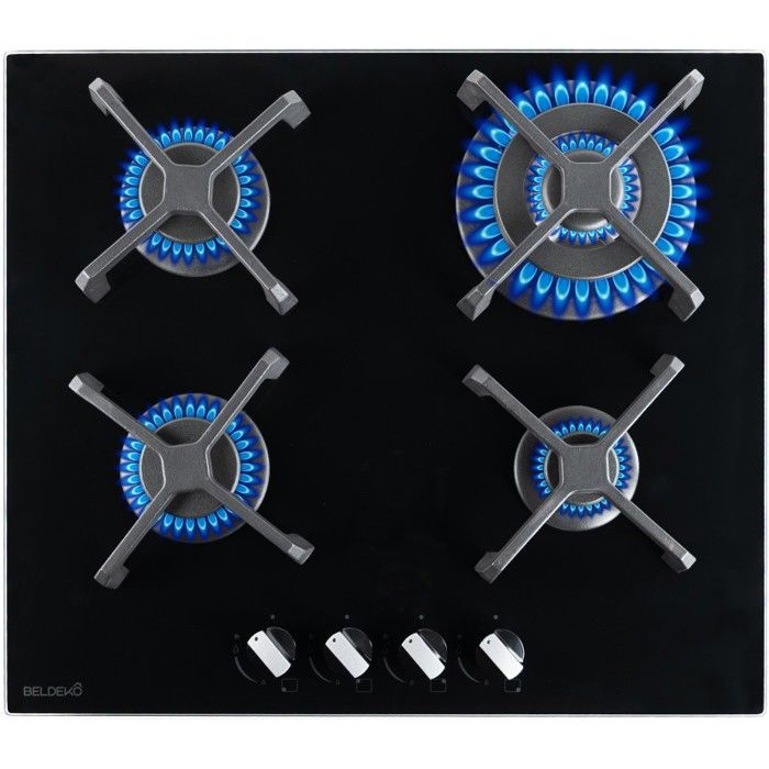 BELDEKO - Plaque de cuisson Gaz verre noir 4 feux - Gaz ville et bouteille - grilles en fonte - 8000 Watts