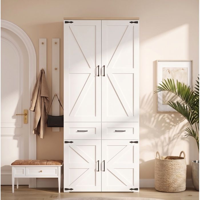 ROVRYN Armoire 90 x 50 x 200 cm 4 portes battantes 2 tringles 5 tiroirs MDF blanc style campagne