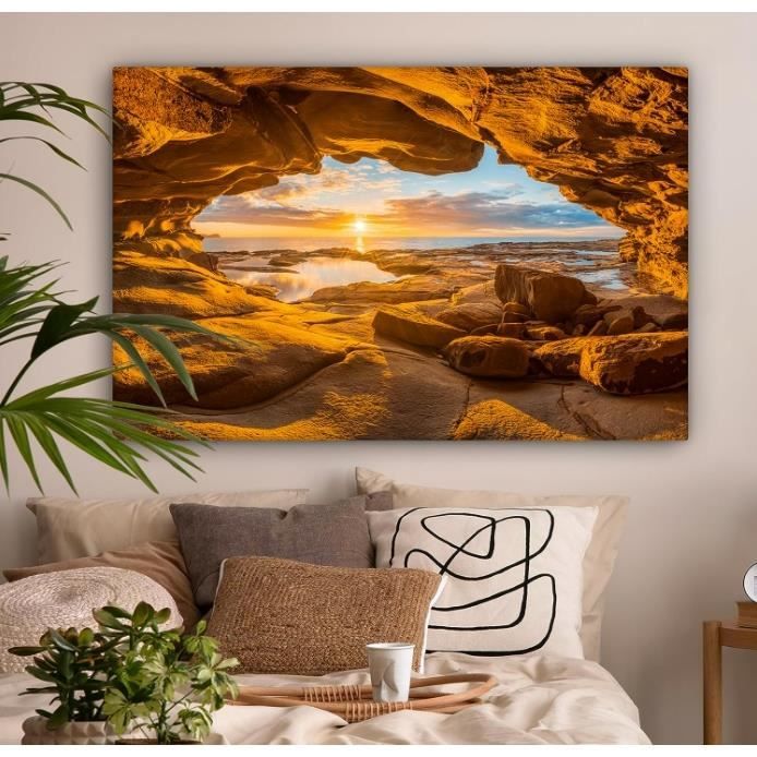 Impression sur Toile Decoration Murale Peinture 50x70cm Sans cadre Tableaux  Decoratifs Déco Grotte Mer Horizon Coucher de soleil