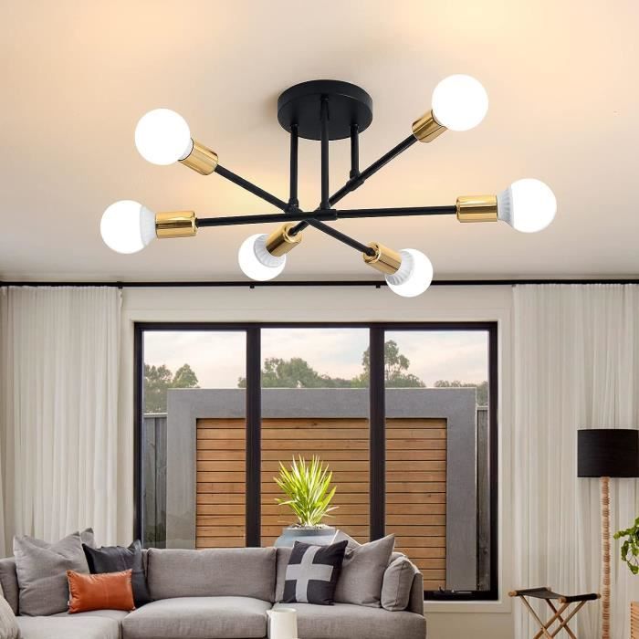 Lustre Suspendu Industriel 4 Lampes - Bois Et Métal Noir, Hauteur Réglable Jusqu'à 93 Cm, Culots E14 - Pour Salon, Salle à Manger, Cuisine