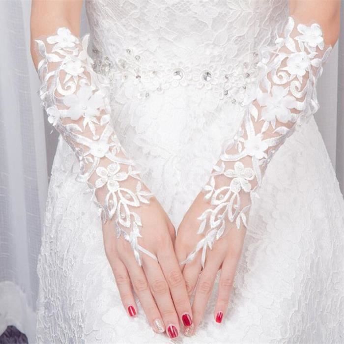 gants de mariée en dentelle ornés de perles lacets en satin blanc
