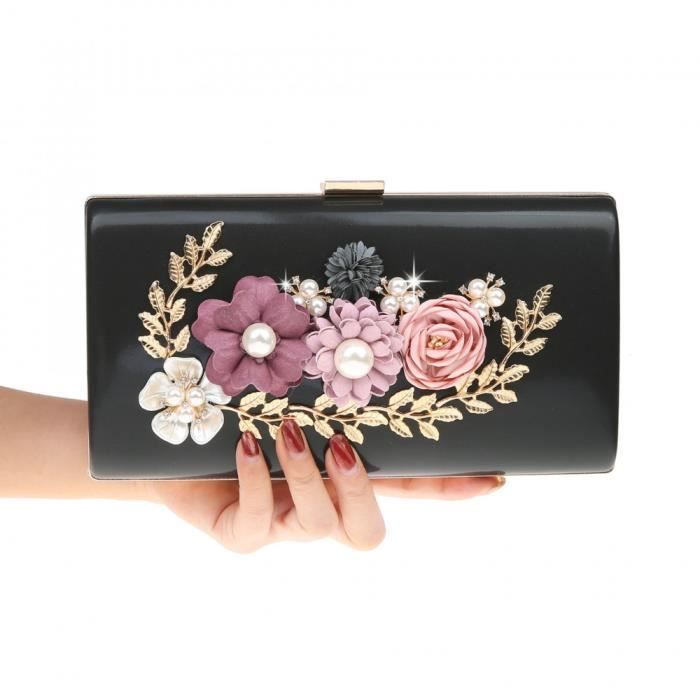 Pochette Du Soir Femme Soiree Pochette Fleur Embrayage Sac a Main noir SACOCHE
