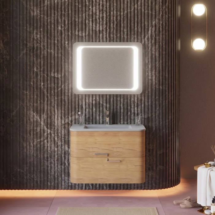Meuble de salle de bains mural 80cm tiroirs chêne miel lavabo gris Hollywood Meuble de salle de bains mural 80cm tiroirs chêne miel lavabo gris Hollywood