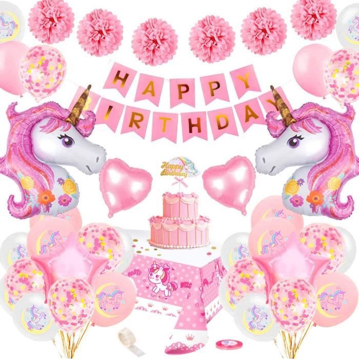 Specool Decoration Anniversaire Licorne Pour Fille Rose Joyeux Anniversaire Banniere Set Avec 2 Enorme Licorne Balloons Confetti Bal Cdiscount Maison