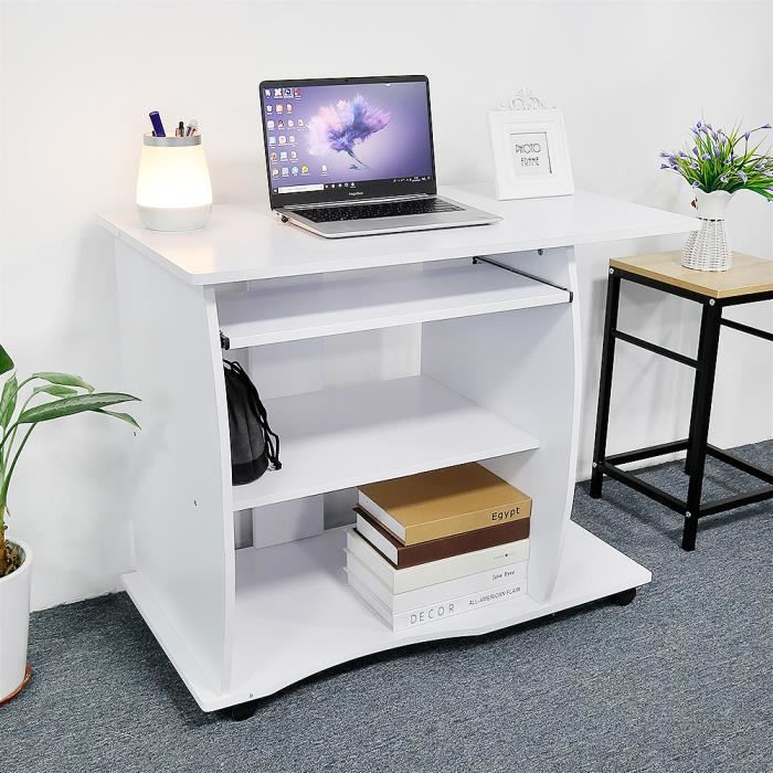 ygongmyl table d’ordinateur, bureau informatique à roulettes, poste de travail avec support et étagère pour enfant ou adulte - blanc