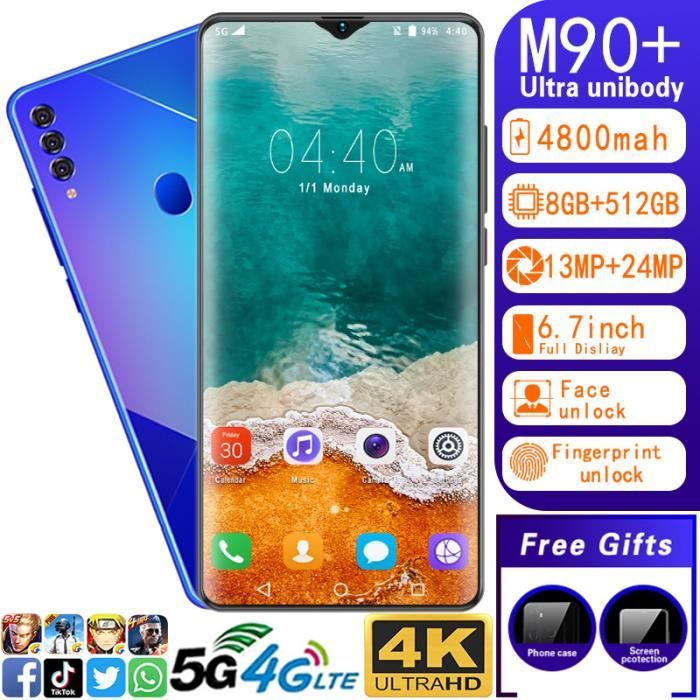 Top achat T&eacute;l&eacute;phone portable Bleu-6.7 pouces 5G Smartphone M90+ grand écran Android 10.0 Hd 8GB RAM+512GB ROM 10 cœurs 4800mAh pas cher