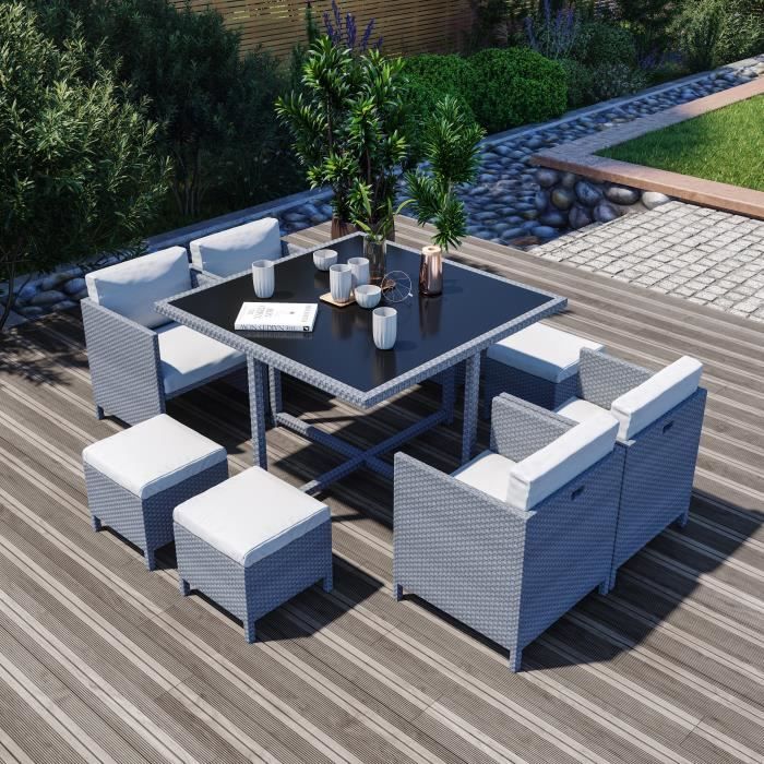 8 Places Ensemble encastrable salon / table de jardin résine tressée