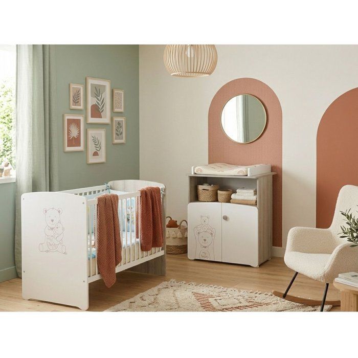 Chambre bébé duo Teddy: lit 120x60 commode à langer - Babyprice - Blanc