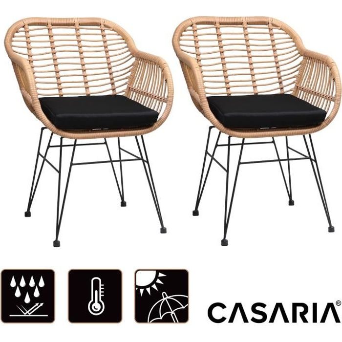 Lot de 2 chaises en osier bambou/polyrotin - CASARIA - Bali - Intérieur/Extérieur - Coussins d'assise lavables