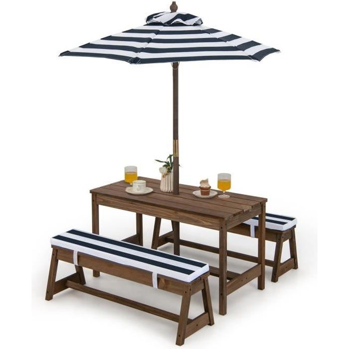 costway table et 2 bancs de jardin avec parasol et coussins en sapin table de pique-nique pour 4 enfants bleu-blanc rayé