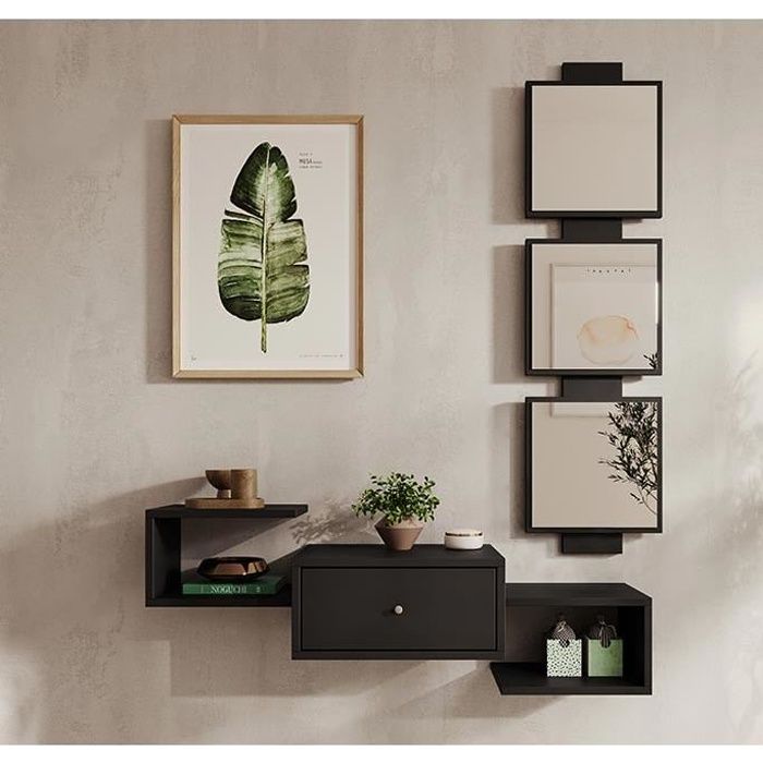 Meuble d'entrée | 1 Tiroir avec Miroir | Console d'Entrée | Finition en couleur Noir Mate | L 99,5 x P 22 x H 145 cm | Modèle Neo