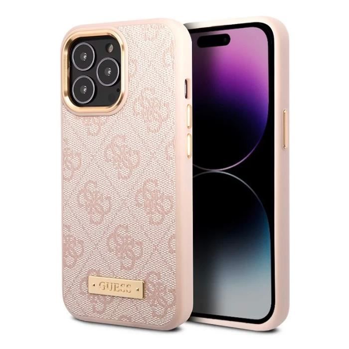 iPhone 14 Pro Max | Coque MagSafe GUESS Monogramme 4G & Plaque Logo Dorée (Rose)