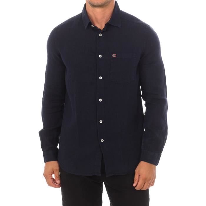 Chemise manches longues col mao en lin BLEU pour homme MONOPRIX PREMIUM