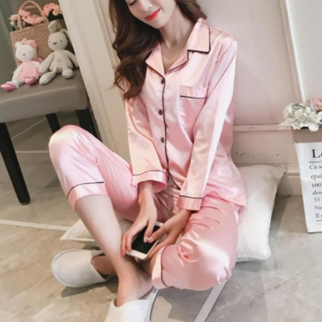 Pyjama Satin Manches Longues Pour Femme - Ensemble Boutonné - Taille Regular - Neuf Avec étiquettes