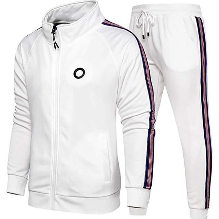 Survetement Homme Ensemble de Sport Veste Blouson Sweat et Pantalon Jogging Blanc