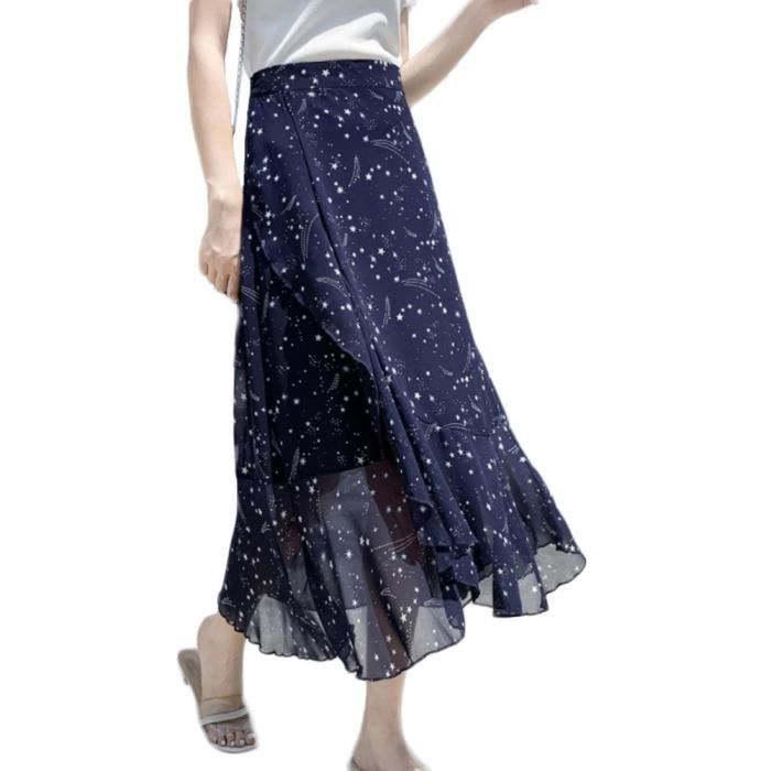 LANXI Jupe Longue Femme ete Boheme Portefeuille Mousseline de Soie Florale Lacets Fendue a Volants Plage Vacances Bleu fonce meteore Bleu fonce meteore Cdiscount Pret a Porter
