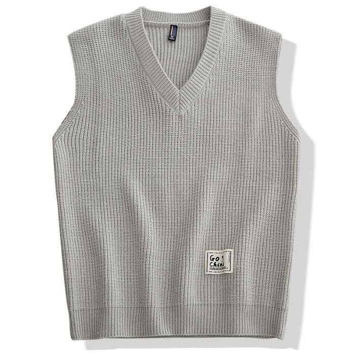 Pull Homme Tricoté Sans Manche Col V Regular Fit Couleur Unie Gris