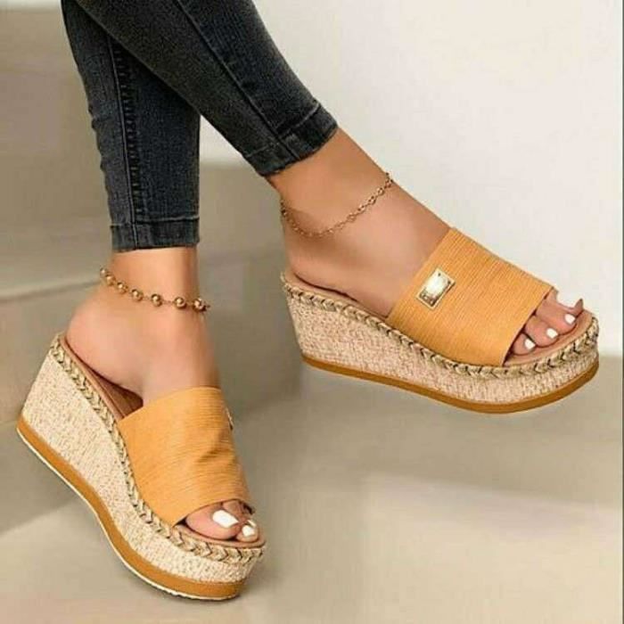 Sandales femme ZGEER Talon epais compense Cuir jaune Confortable et leger