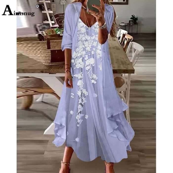 Robe Robe Maxi Elegante pour Femme Tenue a Demi Manches Style Boheme Imprime Floral Vintage Plissee Longue et Droite Lac bleu F9