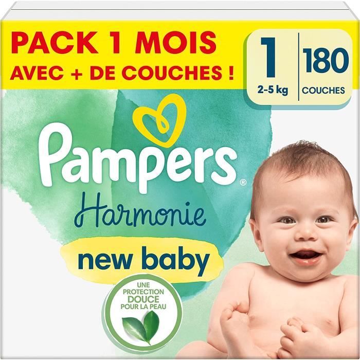 Pampers Couches Harmonie Taille 1 (25 kg), 180 Couches Bébé, Pack 1 Mois, 100 d'absorption