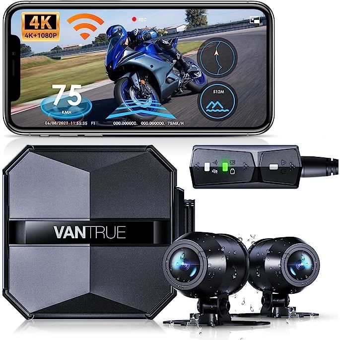 VANTRUE F1 4K+1080P Caméra de Moto étanche IP67, WiFi GPS Dashcam Moto Avant et Arrière, Alertes Vocales, 24H Détection de Collision