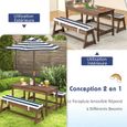 COSTWAY Table et 2 Bancs de Jardin avec Parasol et Coussins en Sapin Table de Pique-nique pour 4 Enfants Bleu-Blanc Rayé-1
