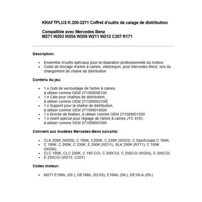 KRAFTPLUS K.200-2271 Jeu Outils de Calage Chaîne de Distribution