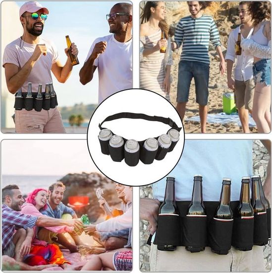 Ceinture Porte-Bière 6 Canettes - Réglable 60-80 Cm - Poche Zippée - Pour Fête, Camping, Randonnée