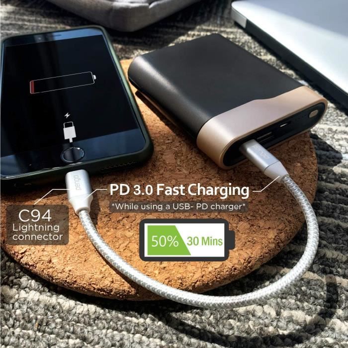 Câble USB-C vers Lightning certifié MFi Apple métallisé tressé Charge/sync  (2M), Noir