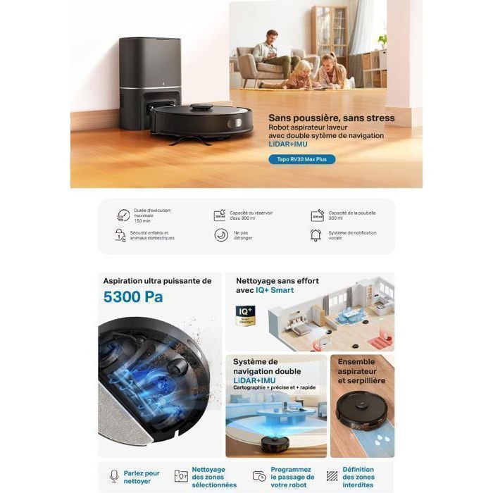 Tapo Aspirateur Robot Laveur, RV30 Max, hyperaspiration 5300 Pa, Double Navigation LiDAR + IMU, Commande vocale Alexa et Google Assistant