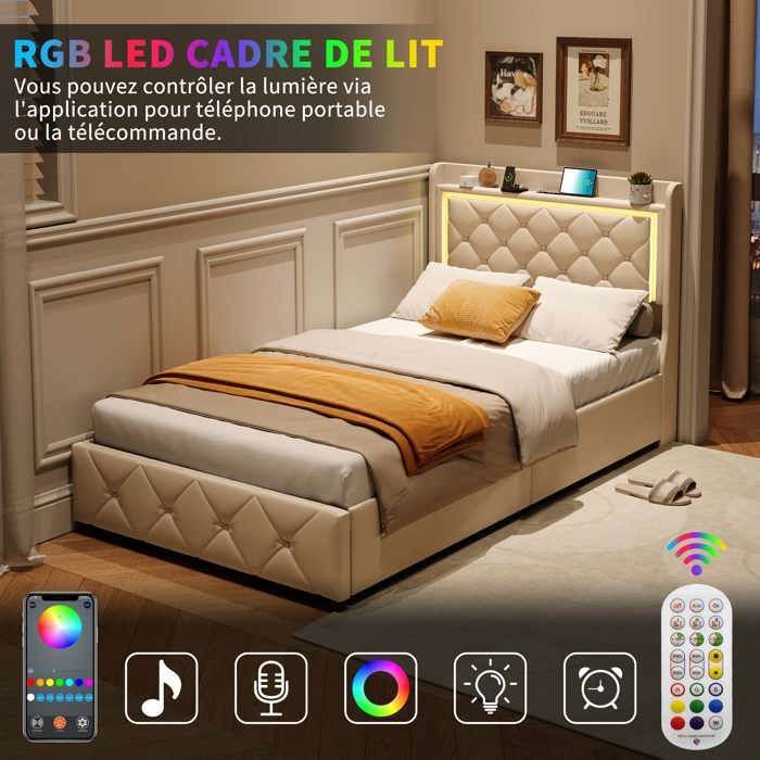 Lit rembourré avec éclairage LED et 2 tiroirs, tête de lit réglable en