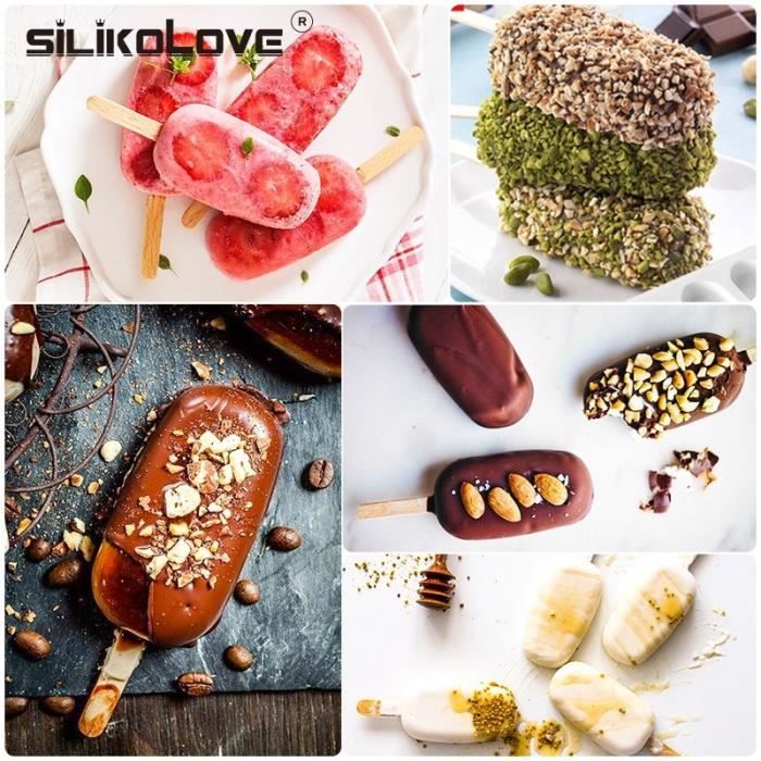 Moule à Glace En Silicone 4 Cavités - 2 Pièces Avec 100 Bâtonnets En Bois - Sans BPA, Antiadhésif