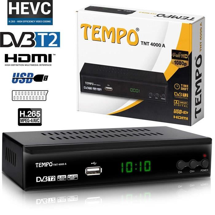 Décodeur TNT HD Tempo 4000 - Tuner HEVC - HDMI/Péritel - Enregistrement USB - Lecteur Multimedia