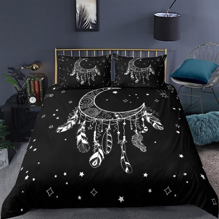 Parure De Lit 3 Pièces 160x200 Cm Microfibre Douce - Motif Lune Réversible, 2 Taies 65x65 Cm, Noir