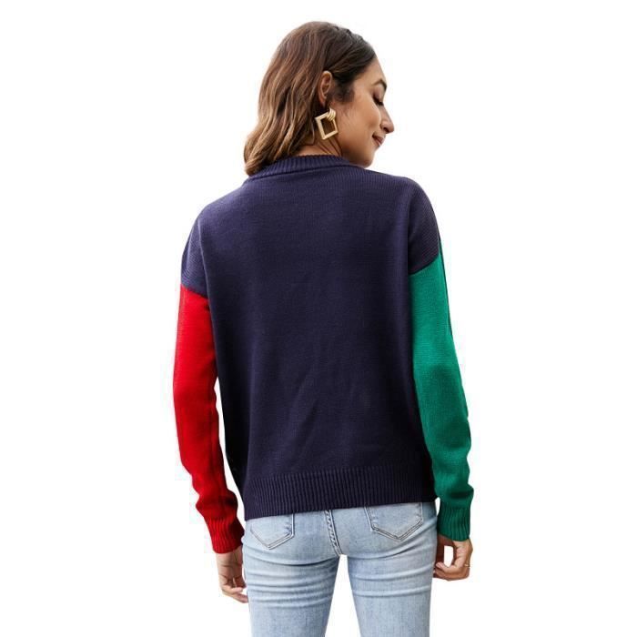 Pull Over Pull-over Noël Femme en Tricot Tricolore Rouge Vert Manches Longues ...