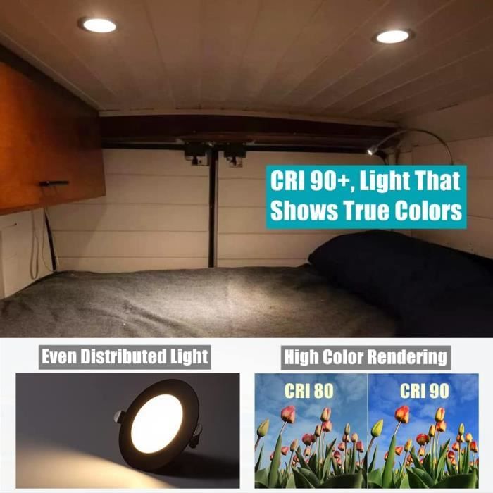 Spots Encastrables LED 12V Acegoo Extra Plats - Dimmable IP64 Pour Camping-Car Ou Bateau - Noir 4000K