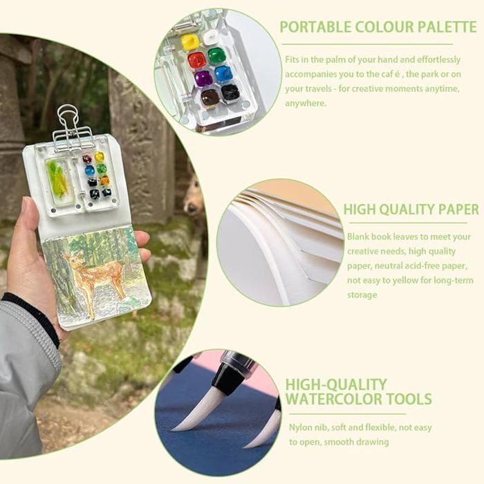 Mini Palette Aquarelle,carnet de croquis portable,15 grilles,palette de peinture en bois,12