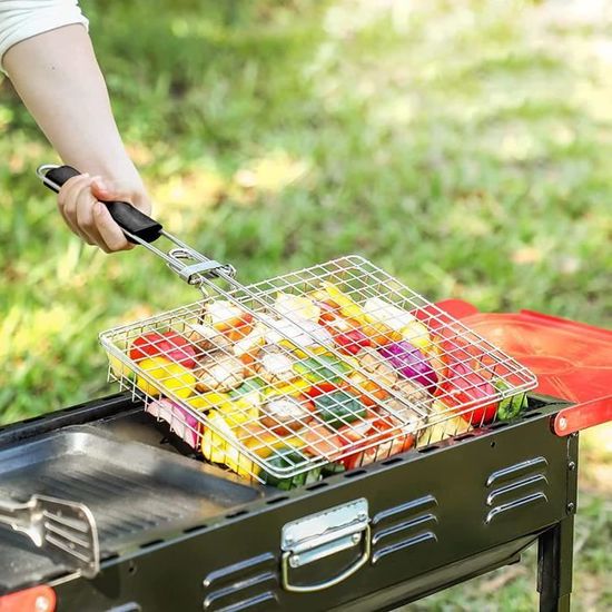 PNOOFR Panier Grill BBQ Inox Avec Poignée Bois – Grand Format 50x22 Cm + Brosse Silicone, Idéal Poisson Légumes Viandes