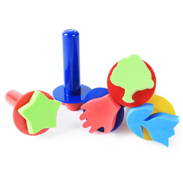 Lot 5 Pinceaux Mousse Formes Étoiles & Ronde – Manches Bois Pour Activités Créatives Enfants