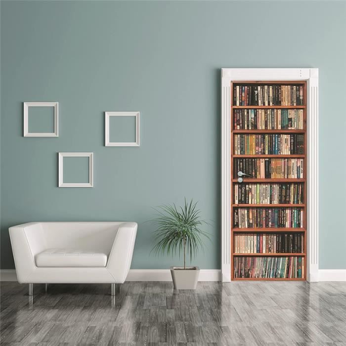 Autocollant Porte 3D Bibliothèque - Sticker Trompe-l'œil 77x200 Cm, Imperméable, Facile à Poser !
