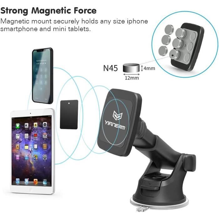 Support Téléphone Voiture Magnétique - 6 Aimants N52, Ventouse Et Bras Télescopique, Rotation 360°
