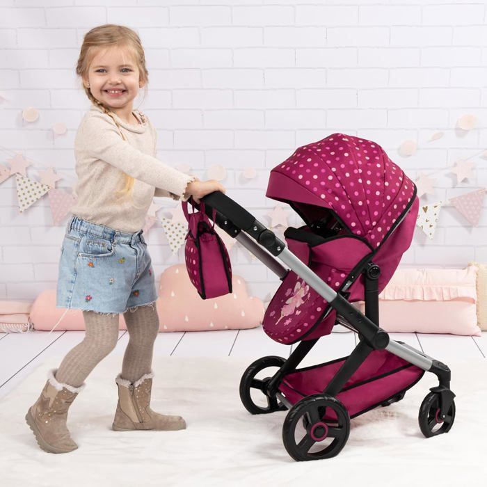 Bayer Poussette Poupée XEO – Poignée Réglable, Transformable En Siège, Avec Lit Et Accessoires – Bordeaux Rose