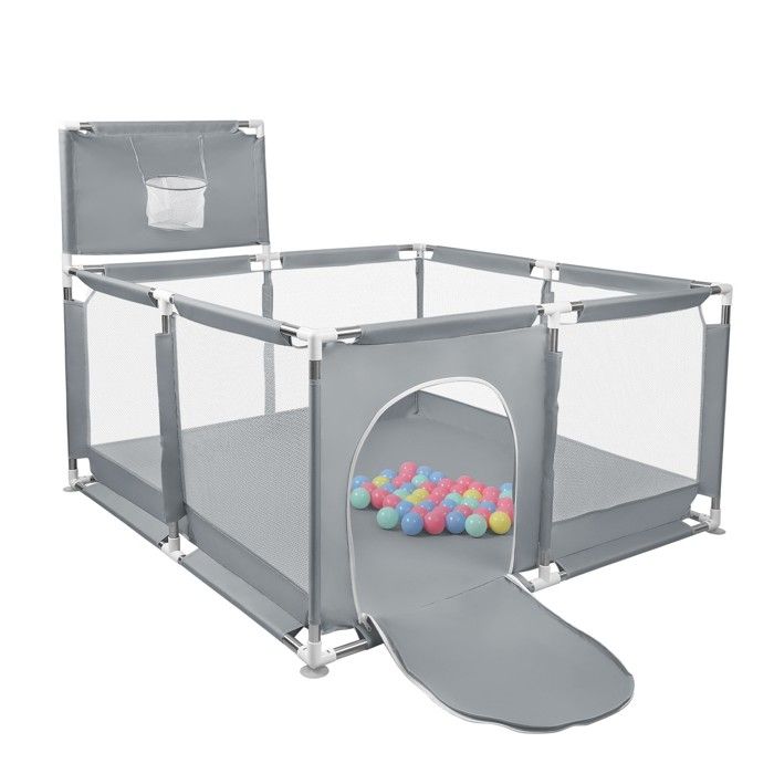 Parc Bébé Pliable 180×120×66 Cm Avec Filet Respirant, 2 Anneaux, Balles & Panier Basket – Intérieur/Extérieur Noir